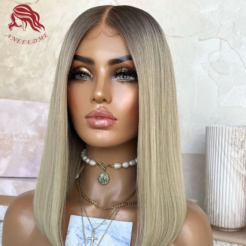 Brazilian Hair Glueless Wig Human Lace Frontal Virgin Straight Short Bob Omber Ash Blonde Hd Transparent Lace Baby Hairs