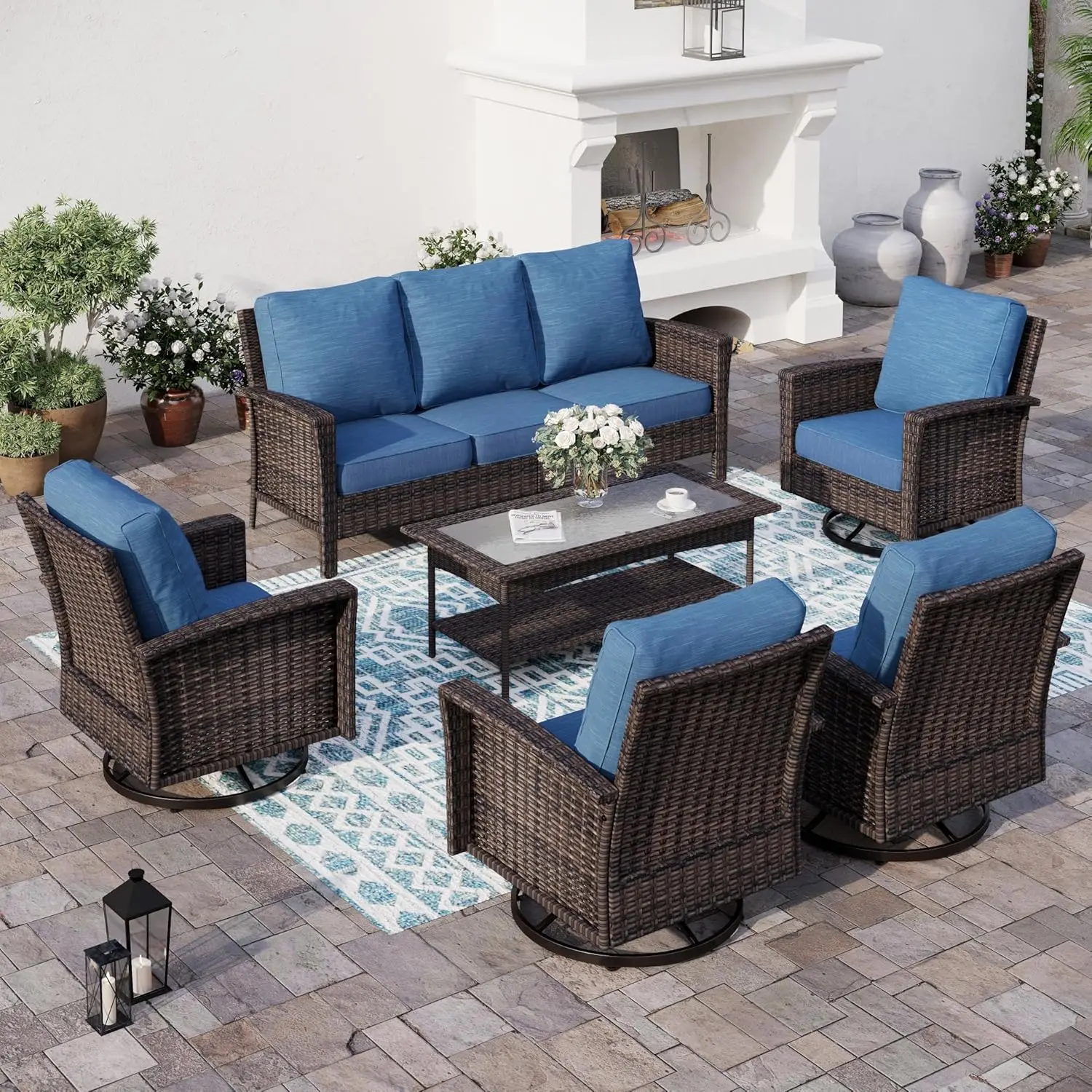 6 Pieces Patio Furniture Set With Swivel Chairs, High Back Wicker Rattan Sofa With Extra Thick Cushion And Coffee Table,