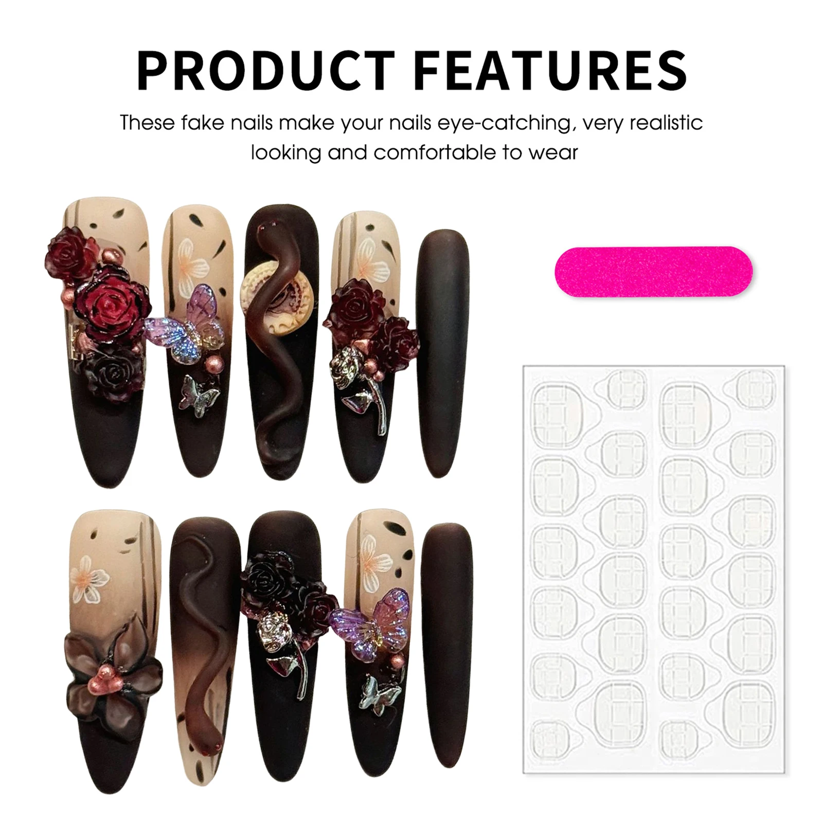 

10 шт. готических панк-ногтей в темном стиле с 3D-декором в виде змеи, розы и бабочки, искусственные ногти ручной работы, полное покрытие, накладные ногти