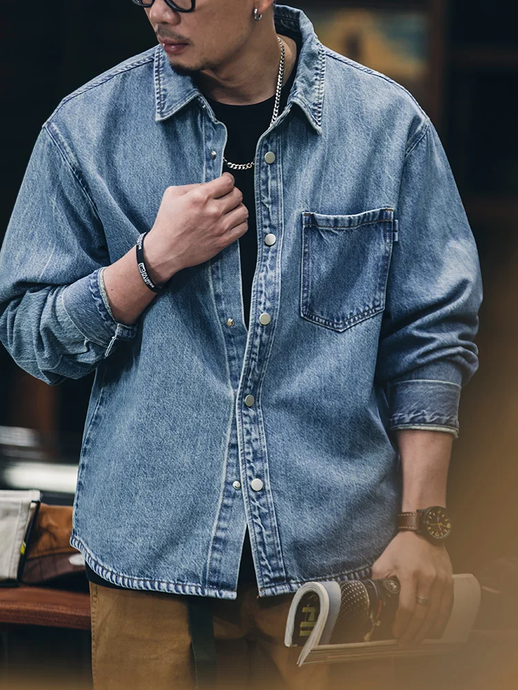 American Style Men's Denim Shirt Long Sleeve Loose Casual Outerwear Spring 2026 New Arrival Rigid Cotton Lyocell Fiber