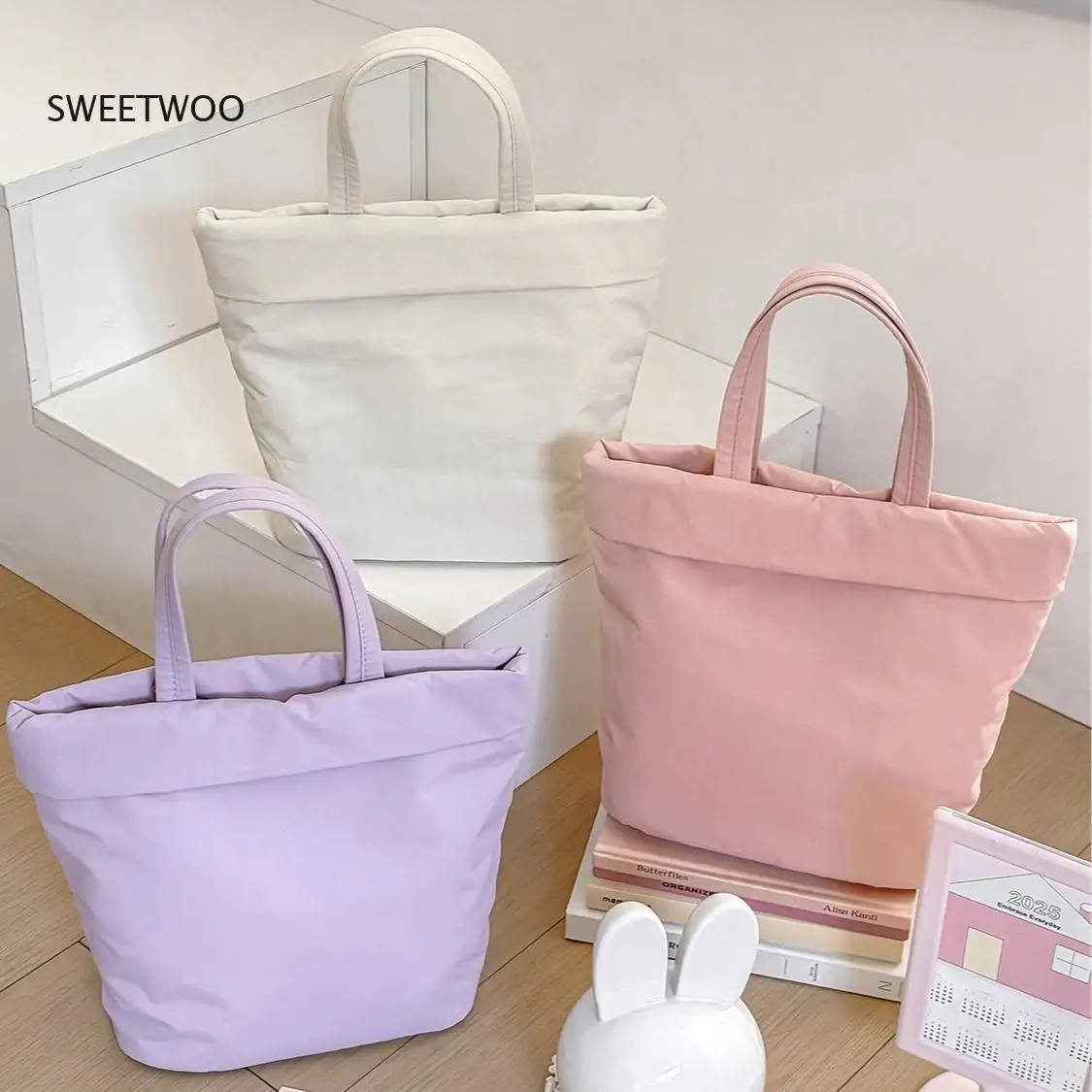 2025 Macaron Color Fold-Over Canvas Tote Bag for Women Mini Handbag for Daily Errands and Outings