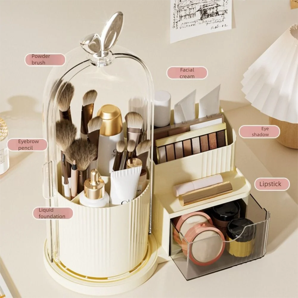 PP Makeup Brushes Storage Box Multi-compartment 360° Rotating Cosmetic Display Case Dustproof Large-capacity