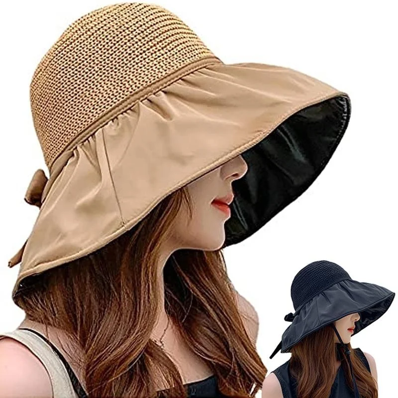 

Women Bucket Hat UV Protection Sun Hats Solid Color Soft Foldable Wide Brim Outdoor Beach Panama Cap Ponytail Caps