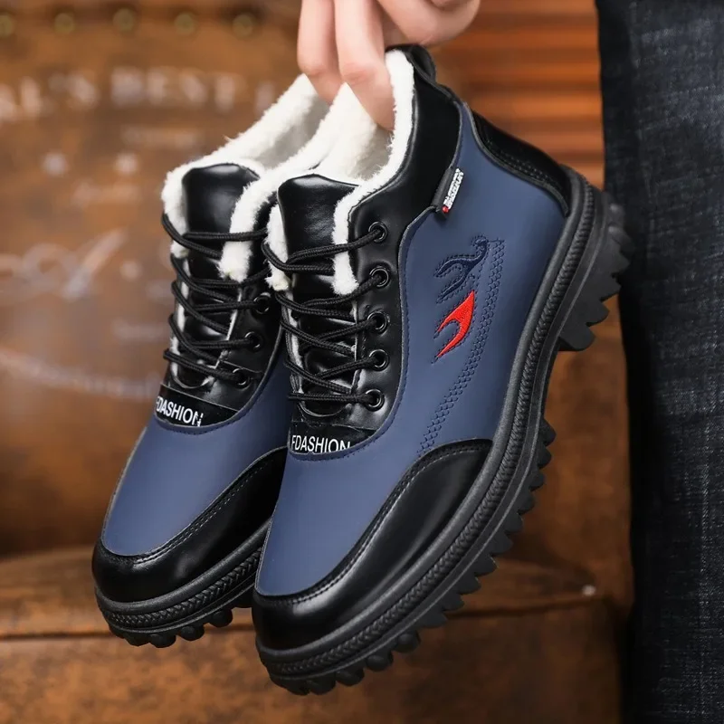 2026 Men's Winter Fleece Lined High Top Artificial Leather Snow Boots, Anti-slip Wear-resistant Warm Casual  Walking Shoes