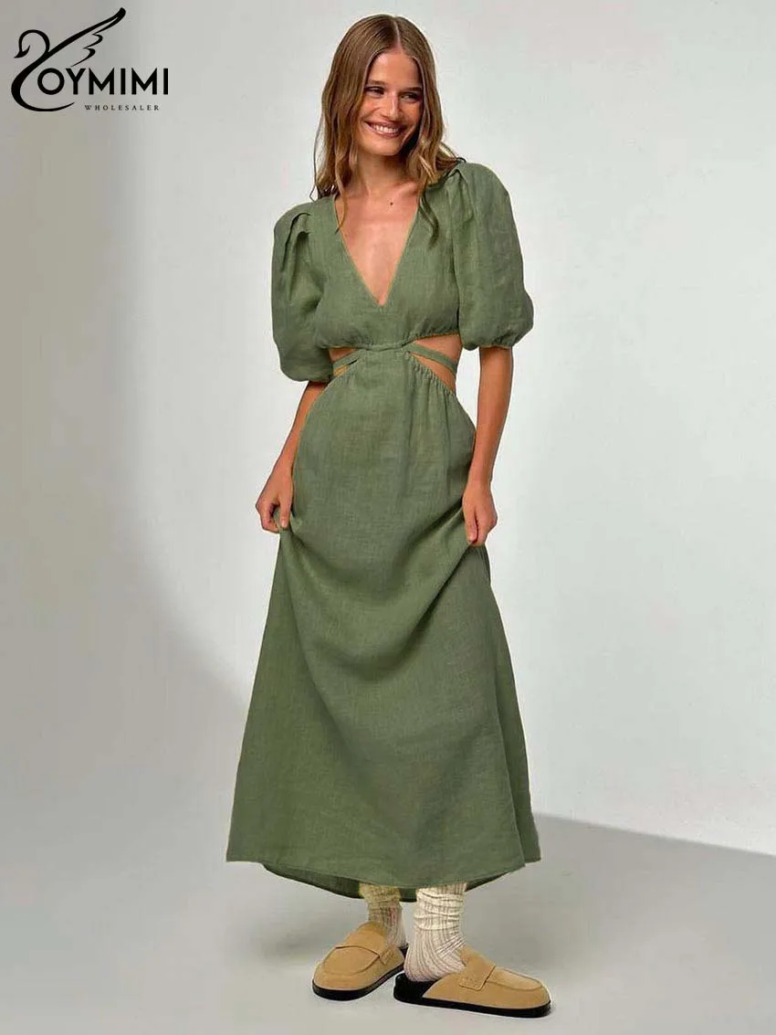 Oymimi Fashion Green Cotton Hemp Womens Dresses Casual V-Neck Half Sleeve Open Back Dresses Elegant Lace-Up Ankle-Length Dress