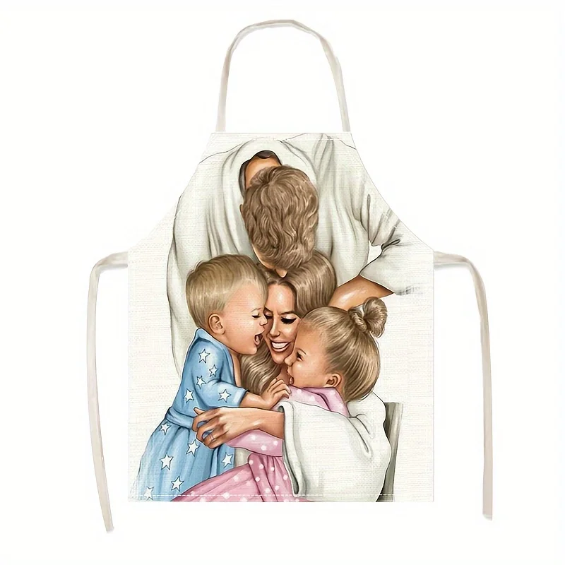 1pc Mother And Children Hug Print Apron Linen Family Love Kitchen Cooking Baking Gift For Mom