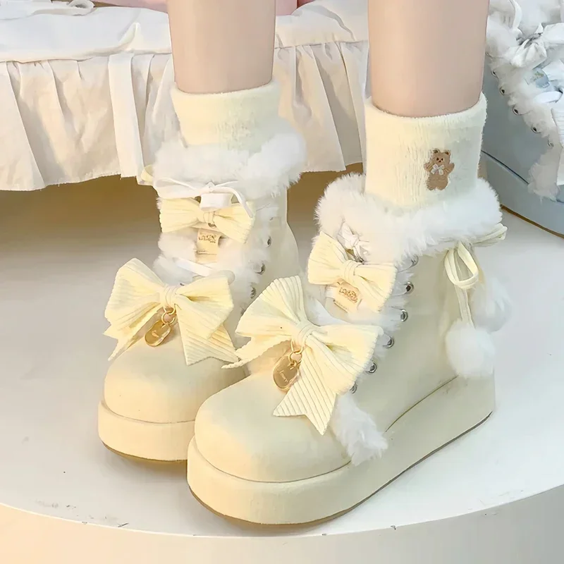 

Sweet Bow Lolita Snow Boots Platform Plush Winter Warm Cute Student Kawaii Cotton Boot Women's Shoes Thick Soled Boots Y2K