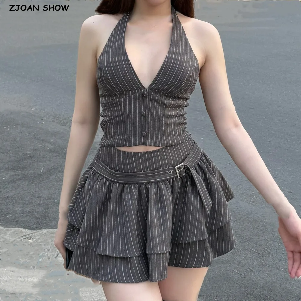 

Sexy Gray Stripes Print Front Buttons Halter Tank Top + With Belt Zipper Waist 2 Layers Ruffles Swing Mini Skirt 2 Pieces Set