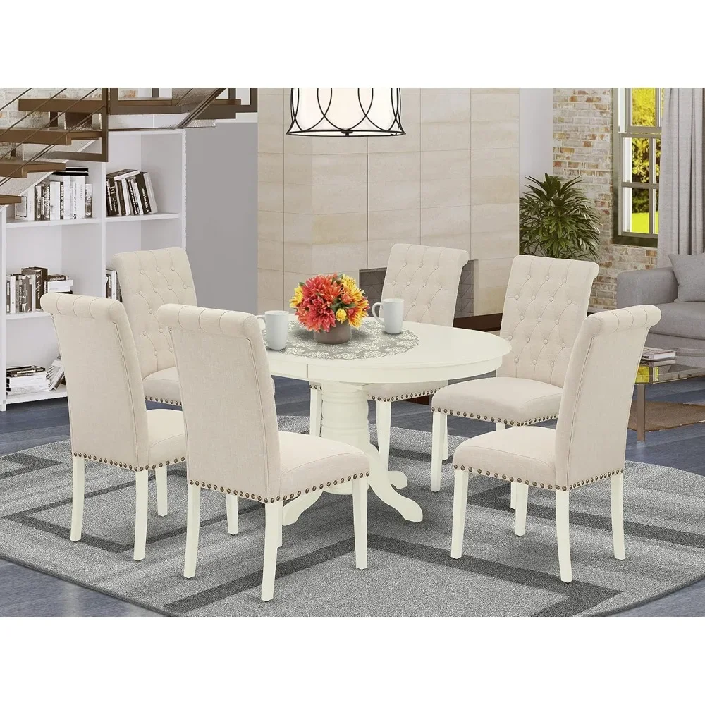 

7 Piece Kitchen Table Set Consist of An Oval Dining Room Table with Butterfly Leaf and 6 Light Fabric Chairs, Kitchen Set