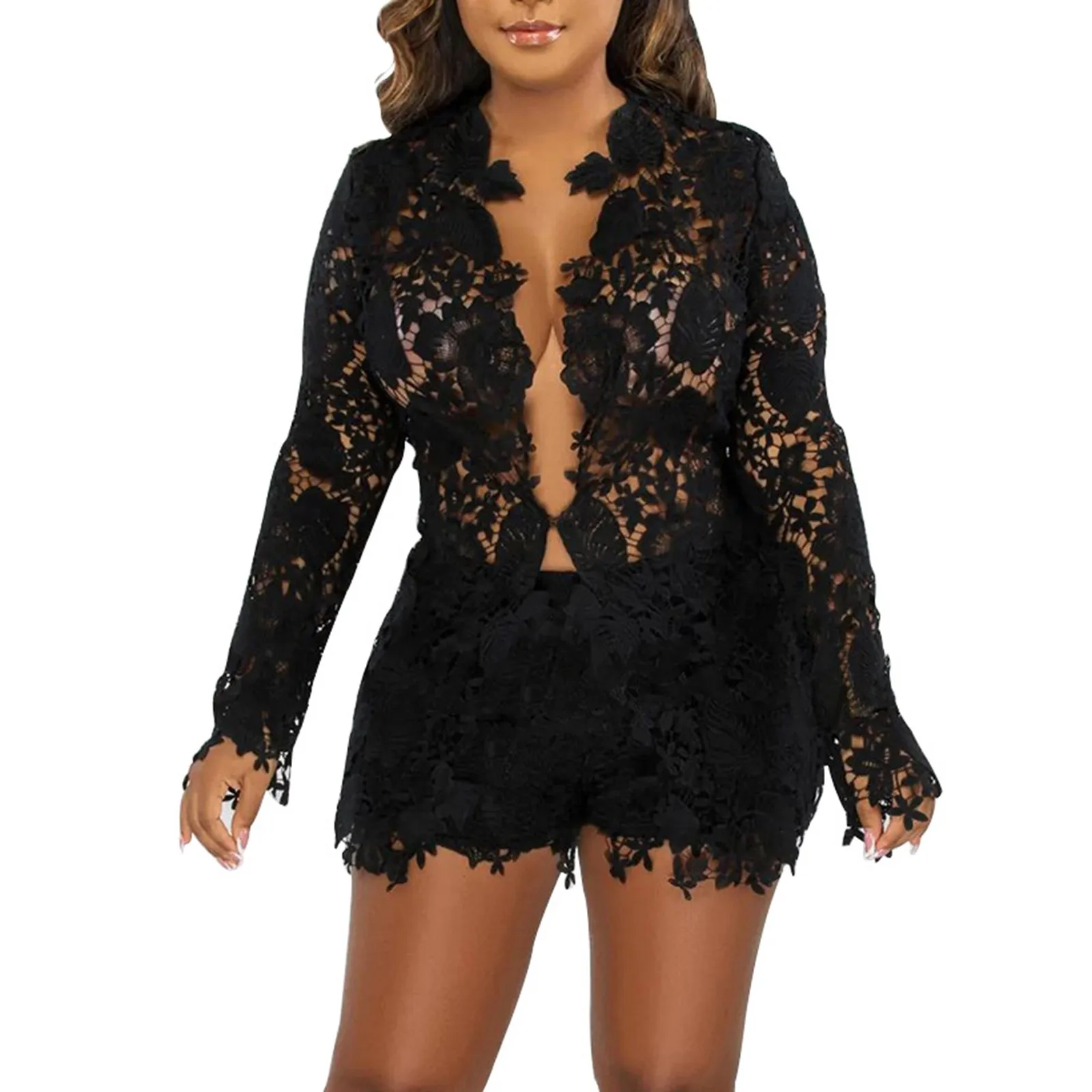 

Women Sexy Long Sleeve Lace Top & Shorts Set Fashion Sexy Deep V Women's Summer Clothes Fashion Shorts Outfits Streetwear