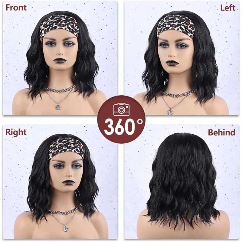 Women's Short Wavy Bob Wig with Headband, Black