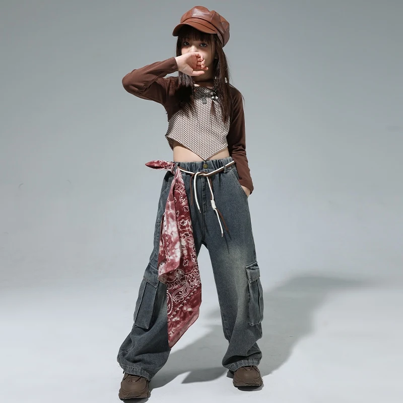 Winter Lange Mouw Top Meisjes Hiphop Kleding Street Dance Jazzdans Kostuum Top Jeans Pak Stadium Outfit Catwalk Wear DQL10072