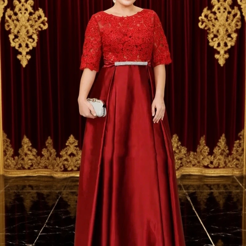 

Mother Of Bride Dresses Illusion Lace Applique Half Sleeve Satin Women Dress Plus Size Sexy Prom Gowns Gorgeous Floor Length