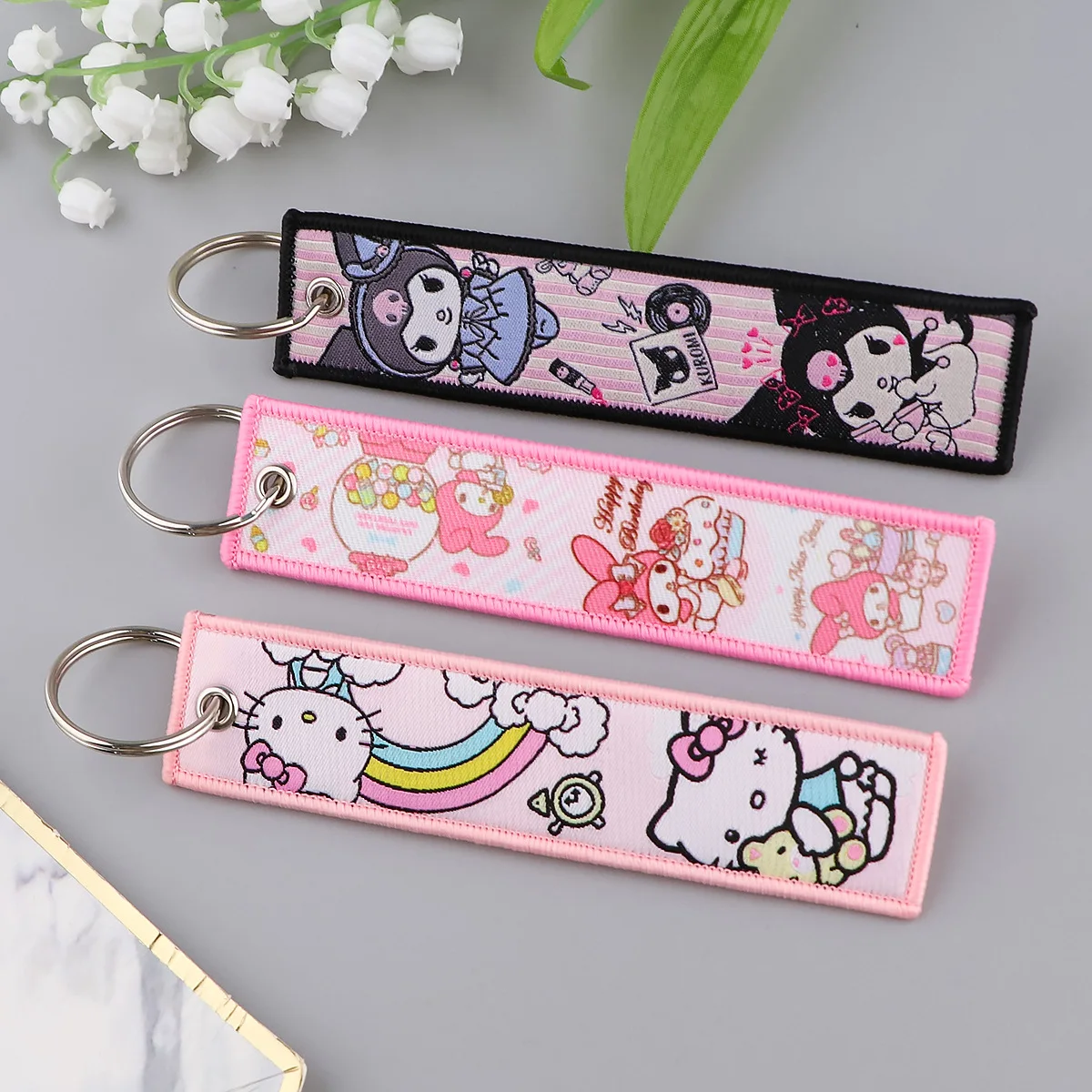Anime Melody Kuromi Kitty Cat Keychains for Men Embroidery Keyring Key Tag Holder for Motorcycles Keychain Cosplay Gift