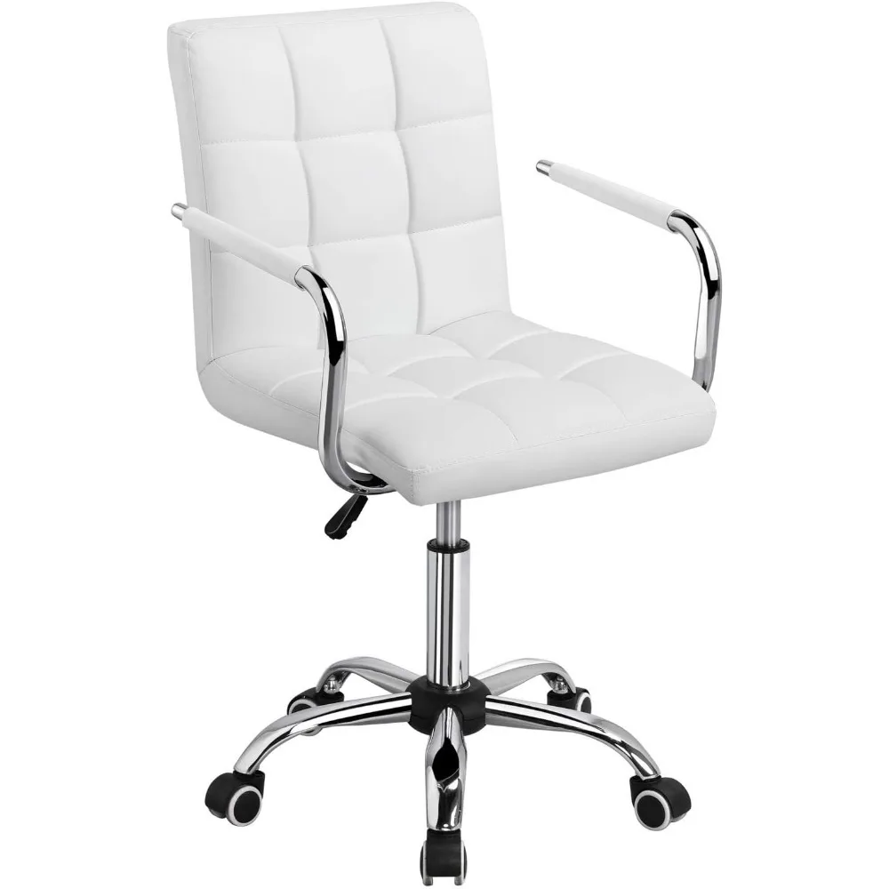 

White Desk Chairs with Wheels/Armrests Modern PU Leather Office Chair Midback Adjustable Home Computer Executive Chair 360° Swi