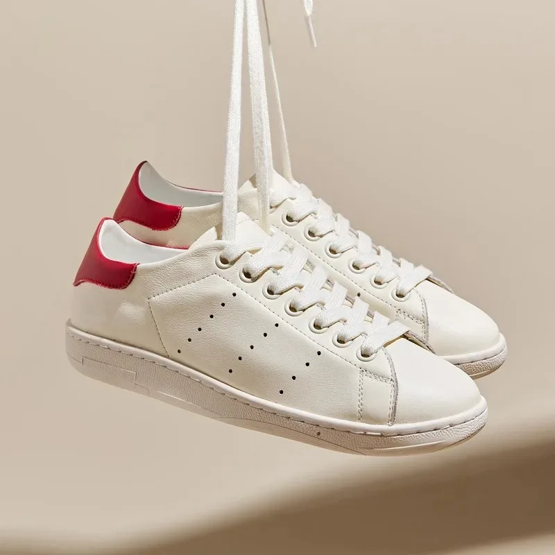 Fashion Women's Cowhide Leather Sneakers Low-Top White Casual Comfortable Classic Board Shoes