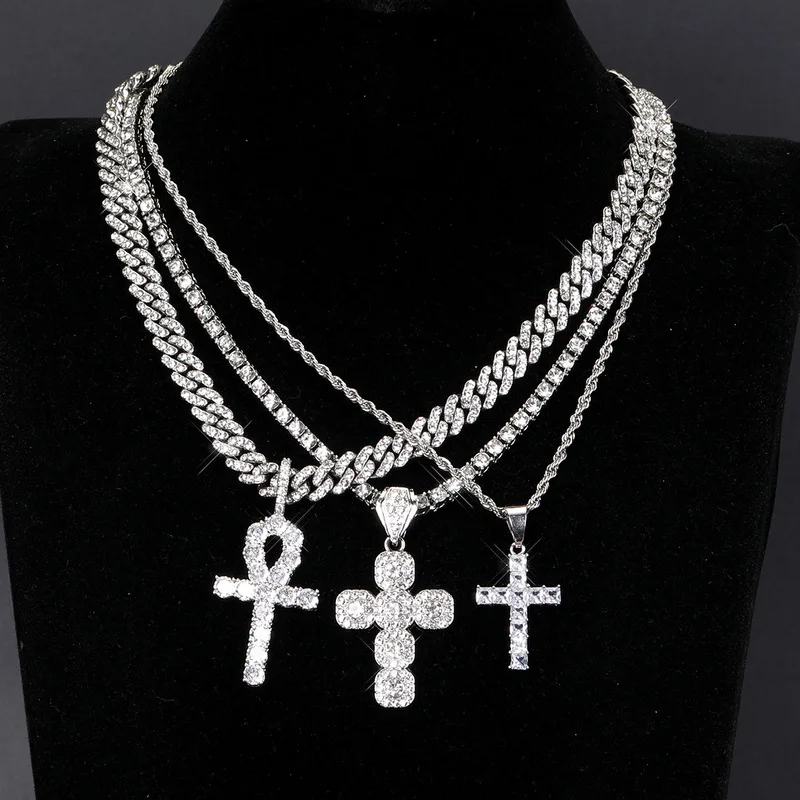 B&C Stacked Multi Chain Ankh Pendant Combo Mens Sparkling Full Zircon Hop Accessory