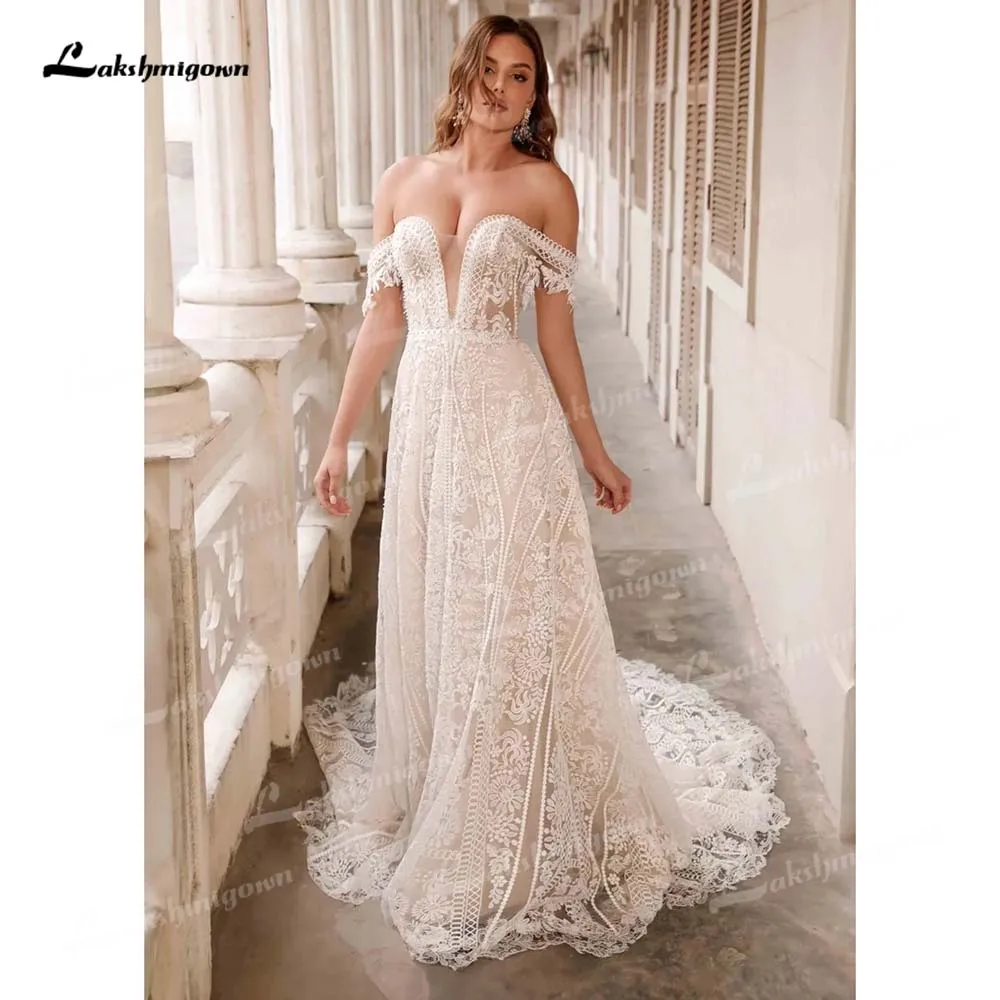 

Lakshmigown Chic Lace Off-The Shoulder Wedding Dresses 2026 A-Line Sweep Train Bow Bridal Gown Vestidos De Novia Customized