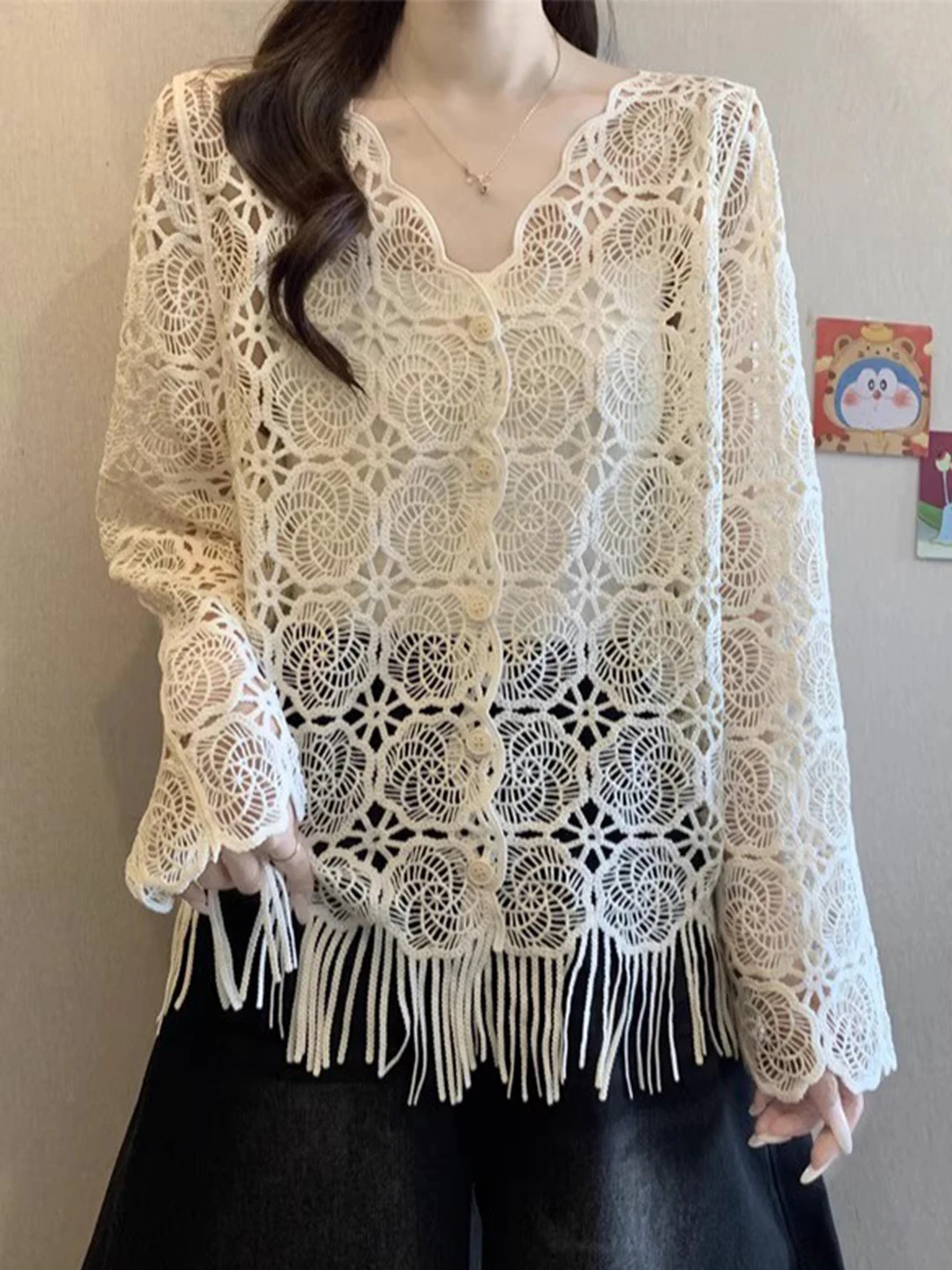 

Unique Hollow out Long Sve Lace Cover up Loose Women's Faion Autumn Winter plus Size Top Ele Special Design Casual Wear