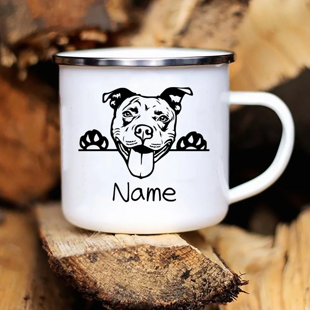 Personalized Pets Enamel Mug Custom Dog Name Coffee Drinks Dessert Milk Cups Handle Drinkware Camping Mugs Gifts for Dog Lovers