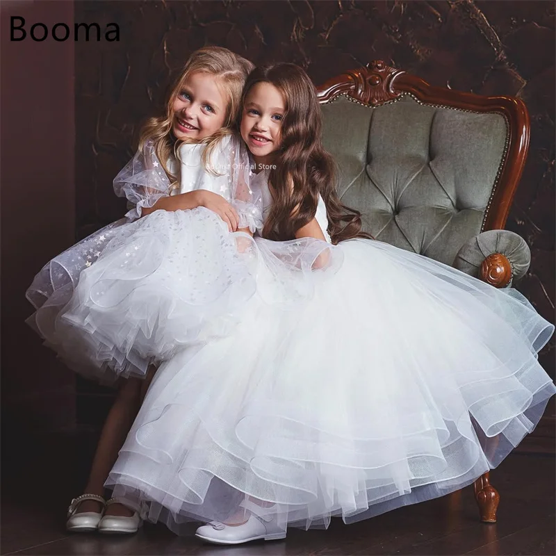 Booma Flowers Girl Abiti Tulle Manica corta Fiocco Abito da festa di nozze per bambini Abiti da ballo per ragazze personalizzati