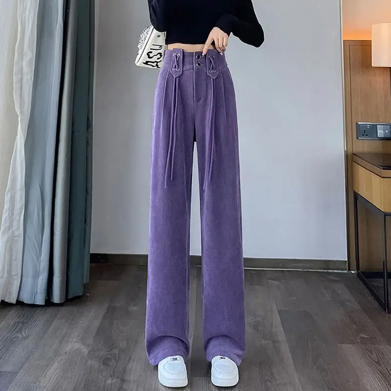 Casual กางเกงผู้หญิงแฟชั่นเอวสูงตรง Corduroy Solid Simple All-Match Streetwear Mujer นักเรียน Drawstring Joggers