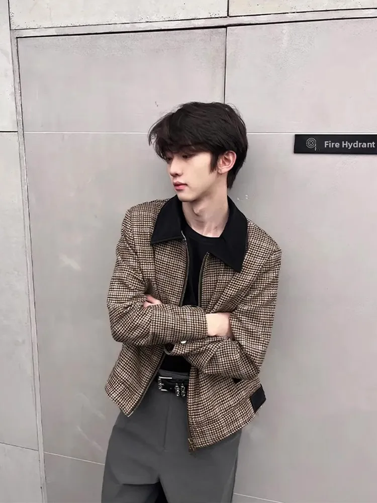 

Korean Men's ort oulder Pad Jaet Trendy Plaid Youth Faion Autumn Season Polyester Fiber Zipper Closure Outer...