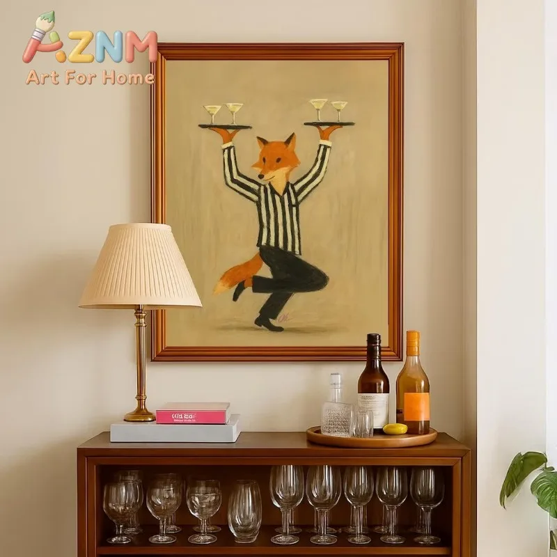 1pc frameless Vintage Funny Whimsical Animal Poster Fox Horse Raccoon Cocktail Waiter Canvas Painting Wall Art for Kitchen Bar R