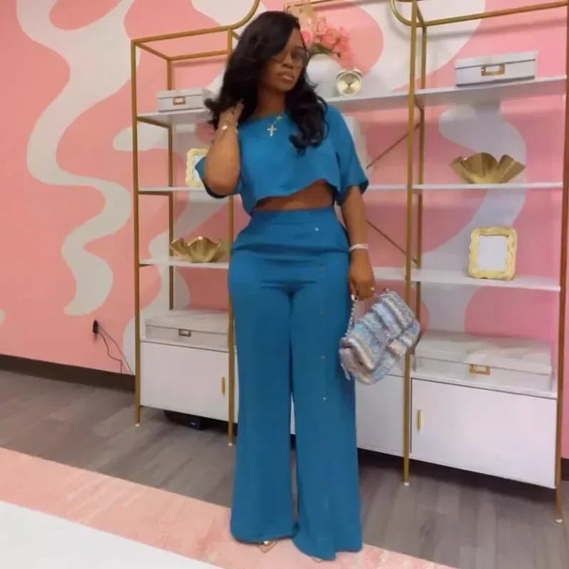 

Solid Casual Tracksuits Set Women Clothing 2024 Sporty Fitness T-shirt Top and Straight Wide Leg Pants Set Woman 2 Pieces Outfit