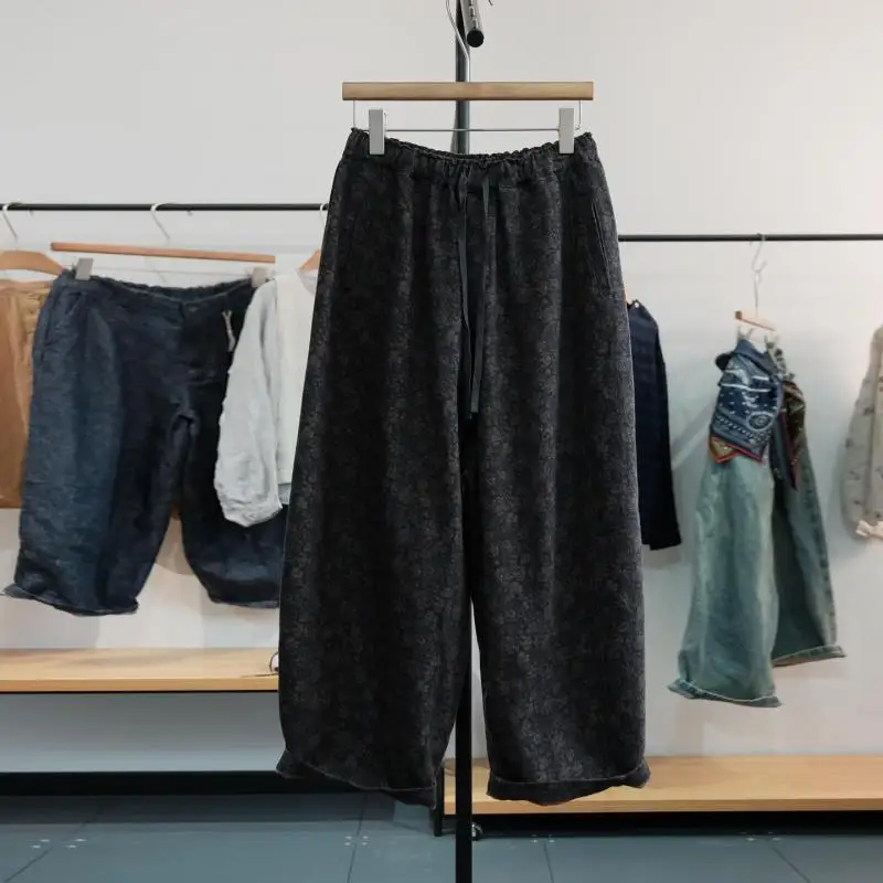 

Autumn Arts Style Women Elastic Waist Spliced Vintage Floral Print Wide Leg Pants All-matched Casual Cotton Linen Loose Pants