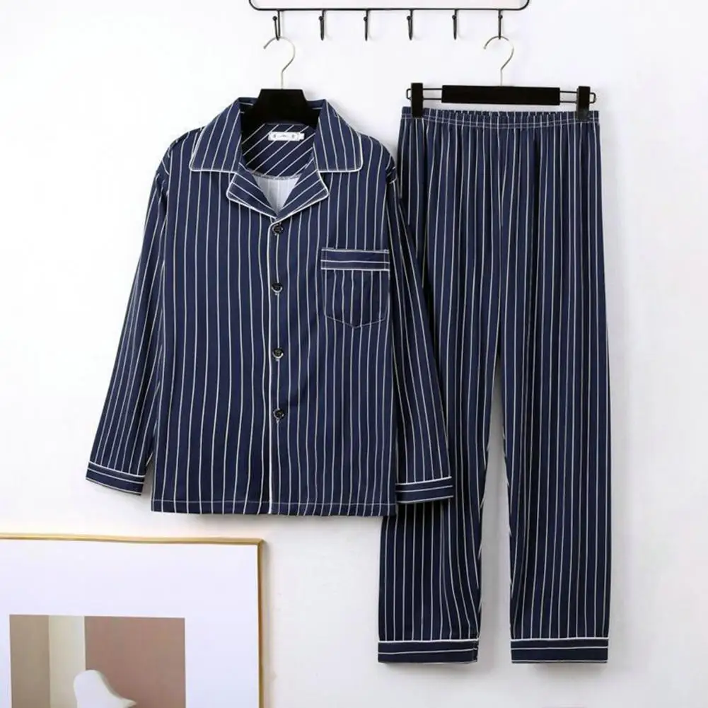 Conjunto de pijama estampado xadrez listrado elegante masculino, lapela combinando cores, peito único, manga longa larga, outono, inverno, roupas de noite masculinas