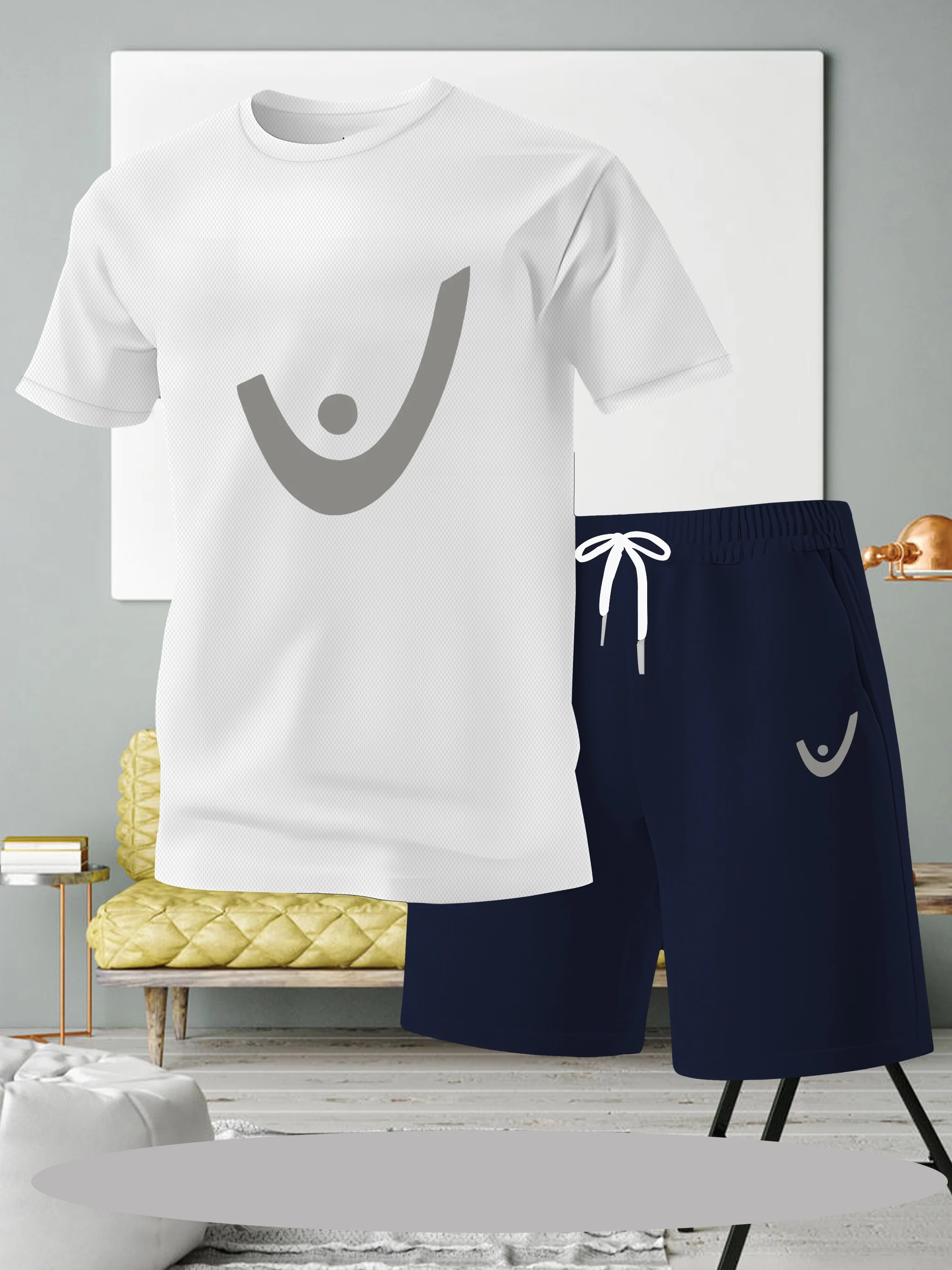 

Men's 2-piece casual sportswear set, letter print, round neck short sleeved T-shirt with drawstring shorts, slightly stretchy, r