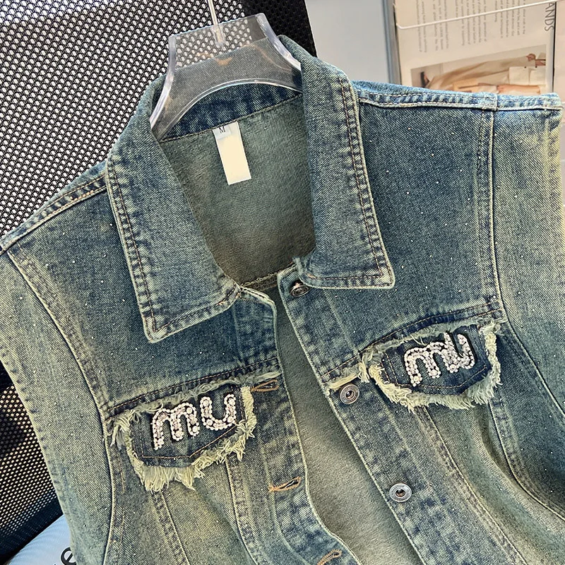 Vintage Hot Rhinestone Denim Vest Coat Women\'s Spring Autumn New Washed Dressed Short Sleeveless Spice Girl Street Top