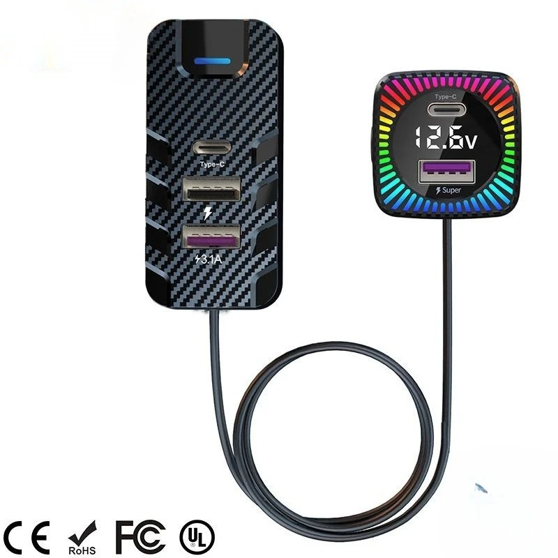 YQ3 USB Type-C Car Charger Adapter w/ 1.5m Extended Cable Colorful Light 75W 5 in 1 Super Fast Charge for Macbook Samsung iPhone