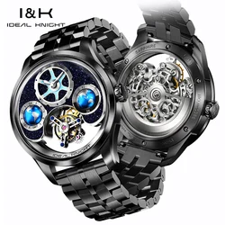 IDEAL KNIGHT 6805 Official Genuine Tourbillon Automatic Watch for Men Black Steel TOP Wristwatches Hollow Out Waterproof Clock