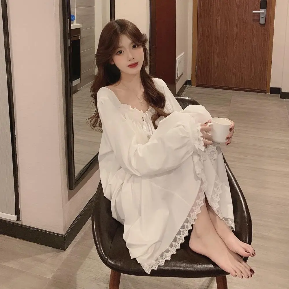 White Night Dress Women Korean Style Ruffles Pajamas Long Sleeve Solid Night Wears for Women Loose Nightgown for Sleep Ladies