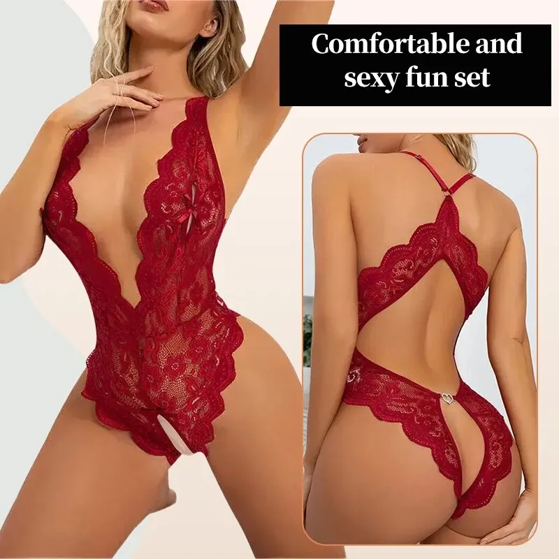 Women New Sexy Fashion Backlesss One Piece Deep V Lace Bodysuit Lace Bow Bra Cross Strap Sexy One Piece Set