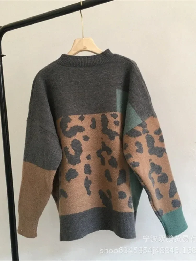 Autumn Winter Sweater Woman Leopard Print O-Neck Casual Oversized Female Sweaters Knit Soft Thick Jumper Women\'s Pullovers
