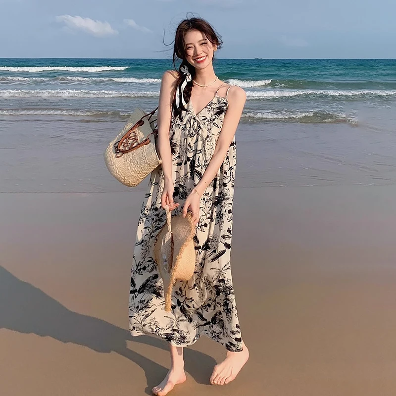 Spaghetti Strap Painting Floral V-neck Loose Beach Holiday Long Dress