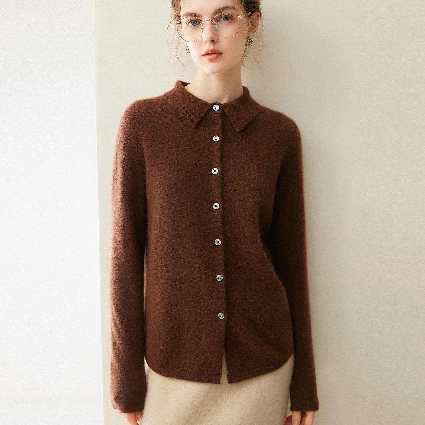 PoLo Collar 100%Pure Goat Cashmere Cardigan Women' New Lapel High-Quality Coat Casual Loose Wild Warm Blouse Cashmere Knit Shirt