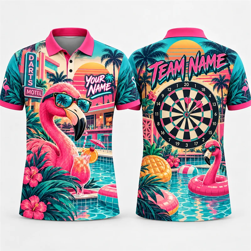 Personalized Team Darts Polo for Men Custom Name Axolotl Flamingo Polar Bear Honey Bear Owl Graphic Short Sleeve Sports Jersey