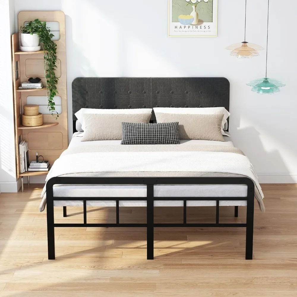 

16" queen bed frame with padded headboard and metal footboard, heavy-duty metal slats support mattress base base