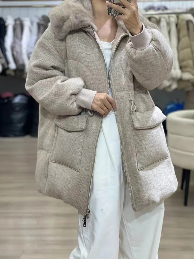 Women Winter Goose Down Jacket Cashmere Wool Natural Real Mink Fur Collar Long Thick Female Outwear Coat Puffer Jackets