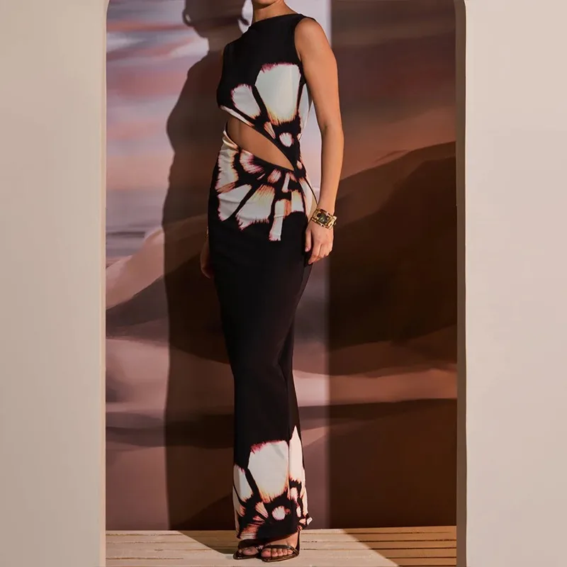 GELITAYIN été Sexy robe Maxi pour les femmes mode découpé sans manches dos nu robe mince imprimer décontracté Club élégant fête col rond