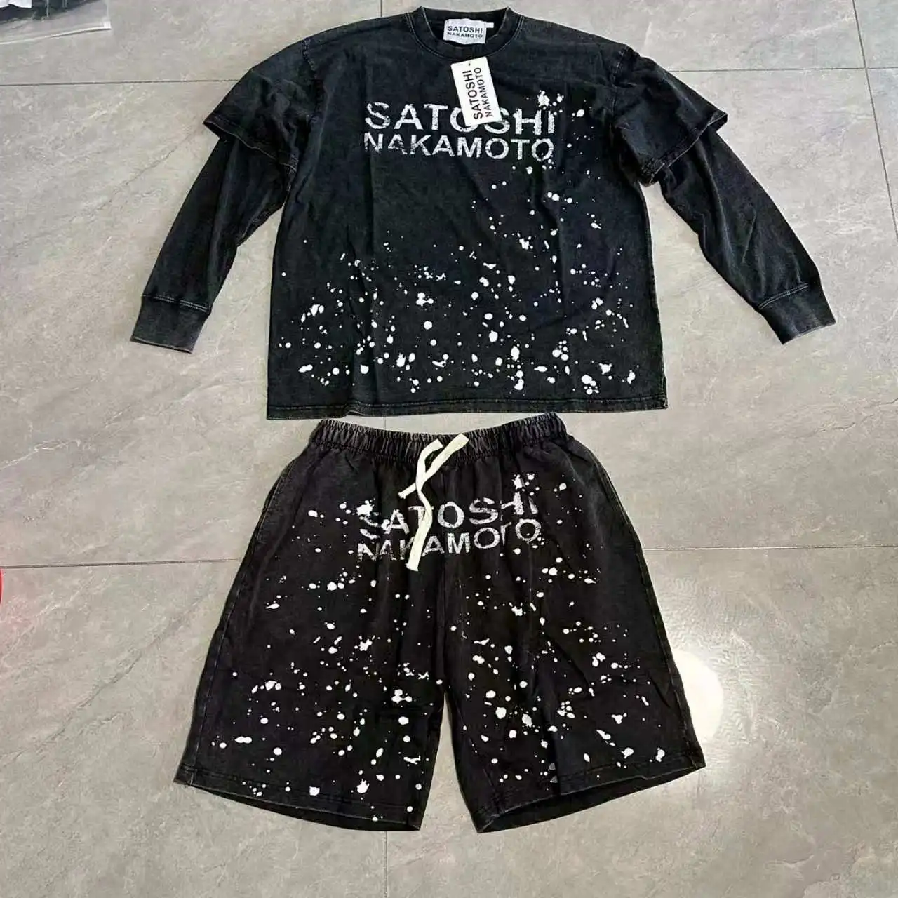 Men's Loose Casual Satoshi Nakamoto Long Sleeve T Shirt Autumn New Ink-blurry Retro Letter Print Double-layer Sleeve Streetwear