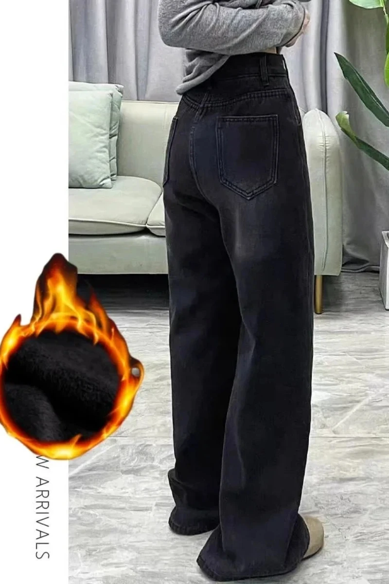 جينز نسائي Y2k بنطلون جينز متوهج أسود رمادي مستقيم الساق شتاء دافئ مبطن بالصوف فضفاض مناسب عالي الخصر واسع الساق موضة #5