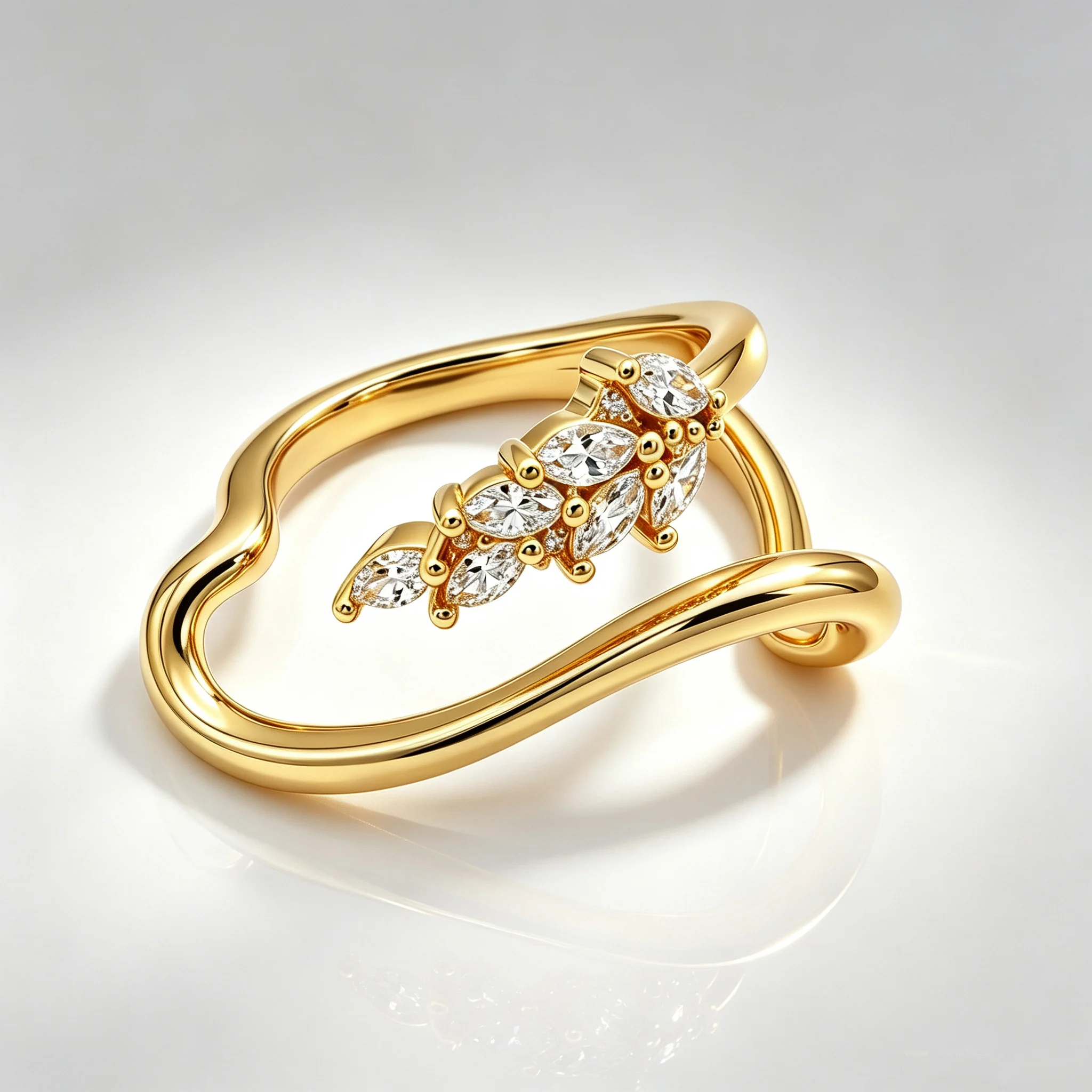 Gold Plated Open Wave Ring for Women Elegant Marquise Cut CZ Leaf Ring Minimalist Fashion Stackable Jewelry Daily Anniversary