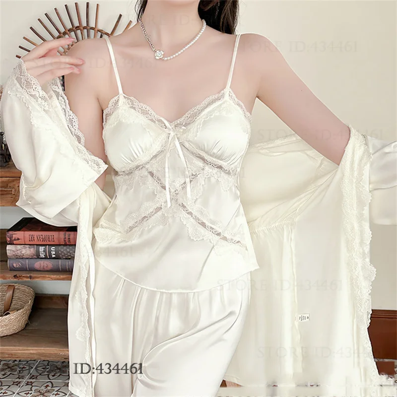 

New Female 3PCS Pajamas Robe Set Elegant French Court Style Sleepwear Trouser Suits Sexy Lace Pijamas Lingerie Rayon Home Wear