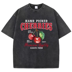Cherries Cotton Washed T-Shirts Woman Red Fresh Fruit Tees Letter Prints Tops Crewneck Oversized T Shirt Street Female Clothes