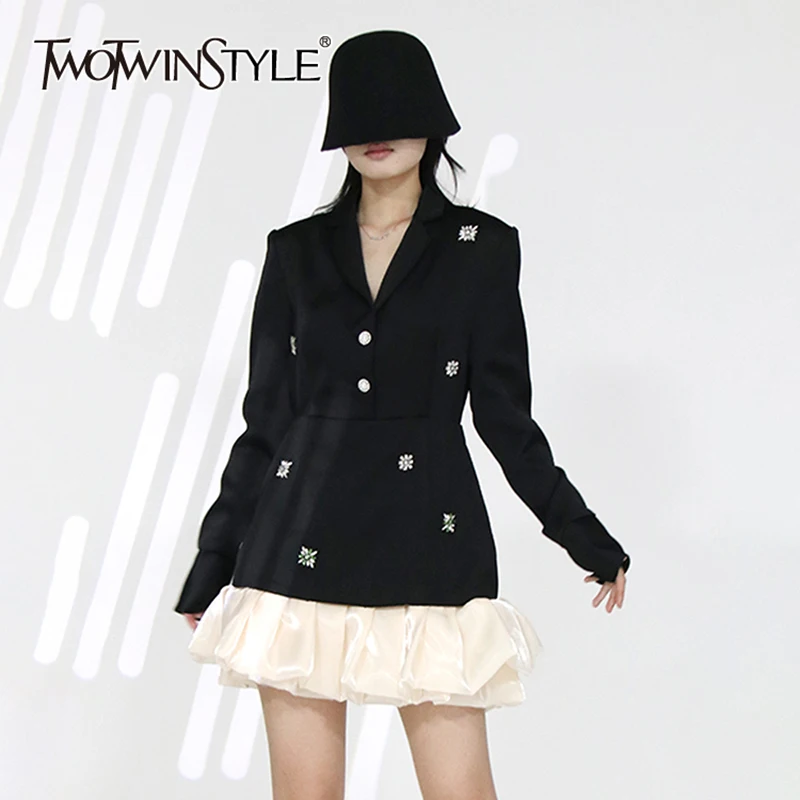 

TWOTWINSTYLE Colorblock Temperament Spliced Diamonds Dress For Women Lapel Long Sleeve Patchwork Button Elegant Dresses Female